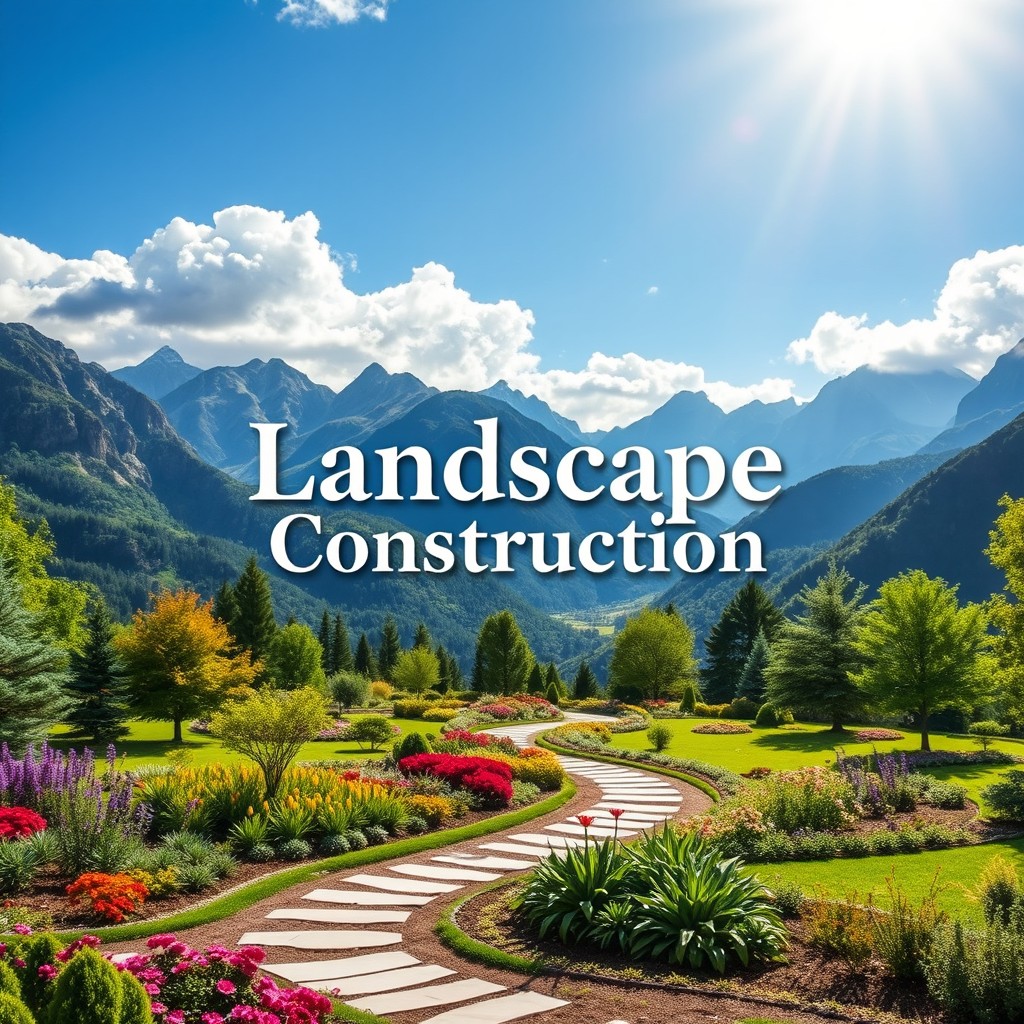 A captivating book cover design for a guide on landscape construction, featuring a stunning background of majestic mountains and a beautifully landscaped garden