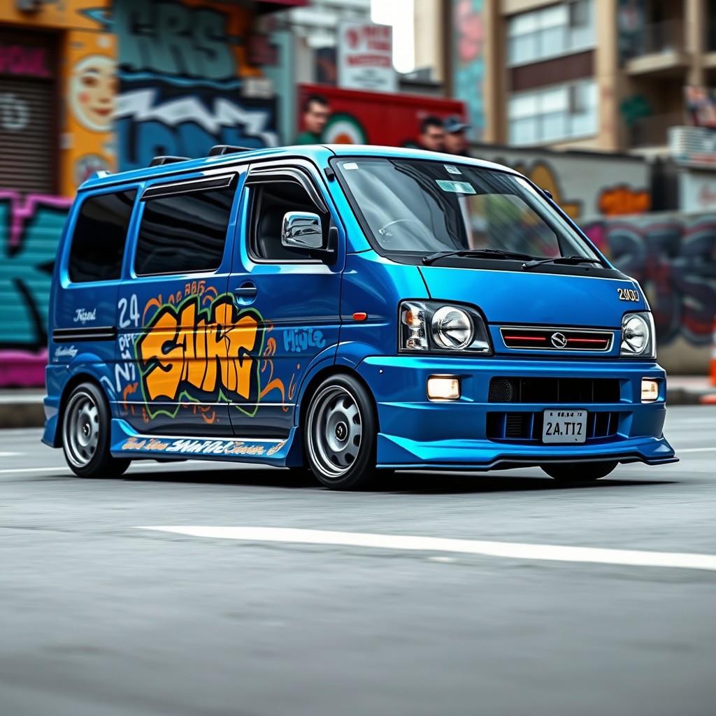 A customized Daihatsu Hijet minivan from the year 2000, featuring a vibrant blue exterior with unique graffiti art adorning the sides, showcasing urban street culture