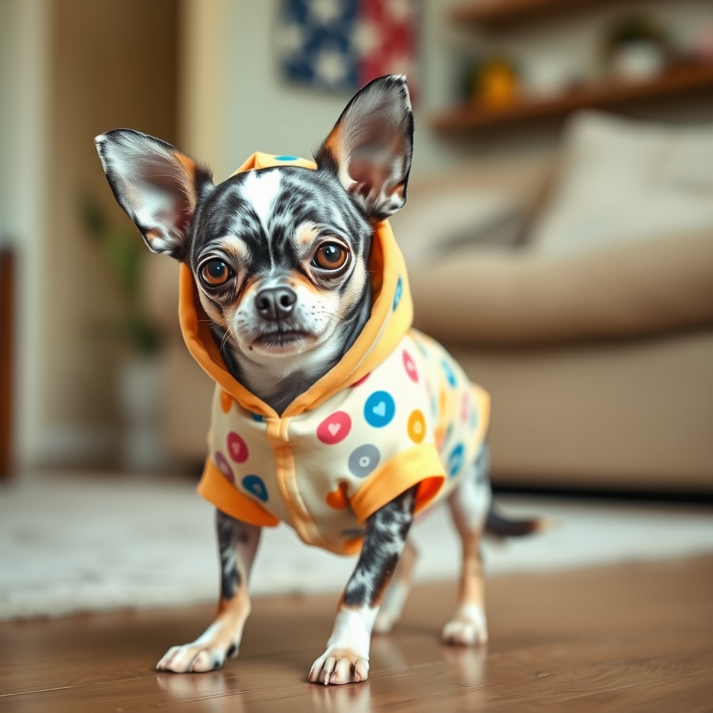 A stylish chihuahua with merle coloring, wearing a trendy hoodie