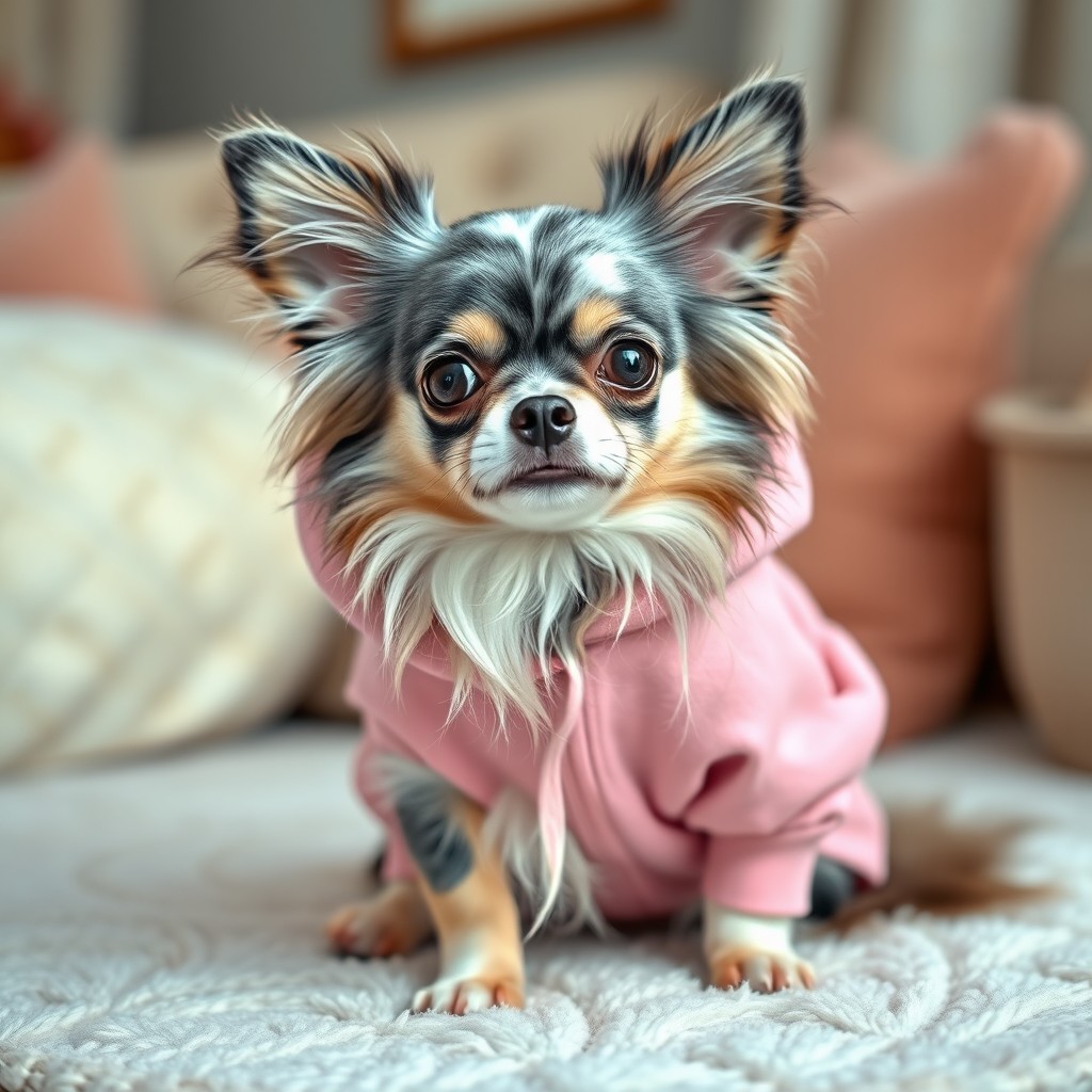 A long-haired chihuahua with a stunning merle coat pattern in shades of gray, blue, and white, sitting gracefully