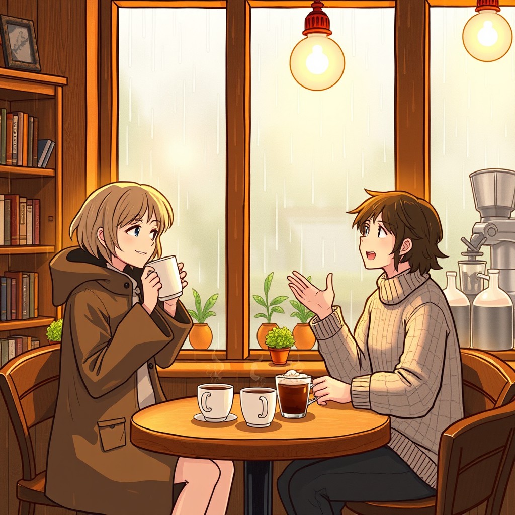 A heartwarming scene inside a cozy café during a rainy day, featuring two characters inspired by the user's description