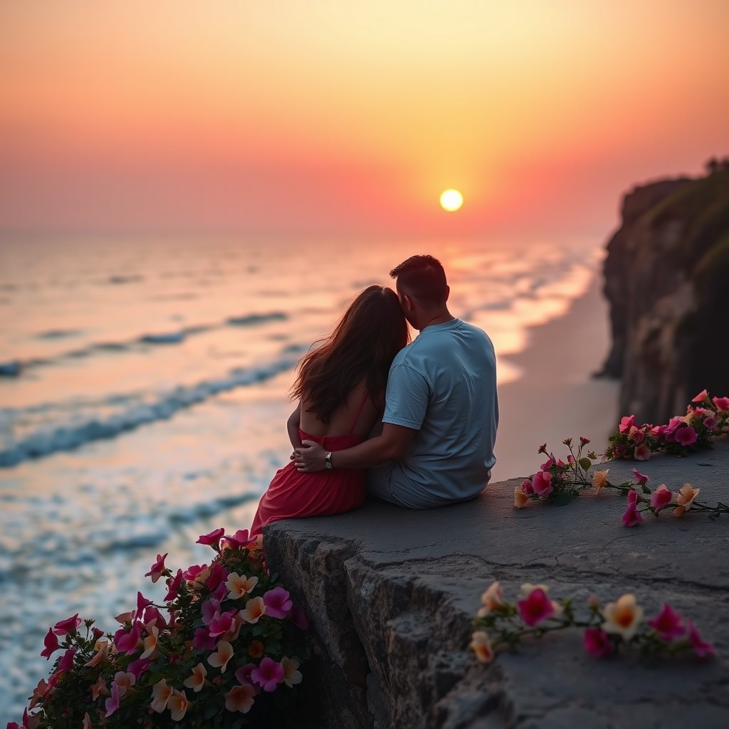 A romantic couple sitting closely together on the right side edge of a cliff, gazing at a beautiful sunrise over a serene beach