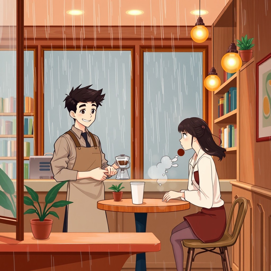 A cozy café scene on a rainy day, featuring two characters inspired by the descriptions provided