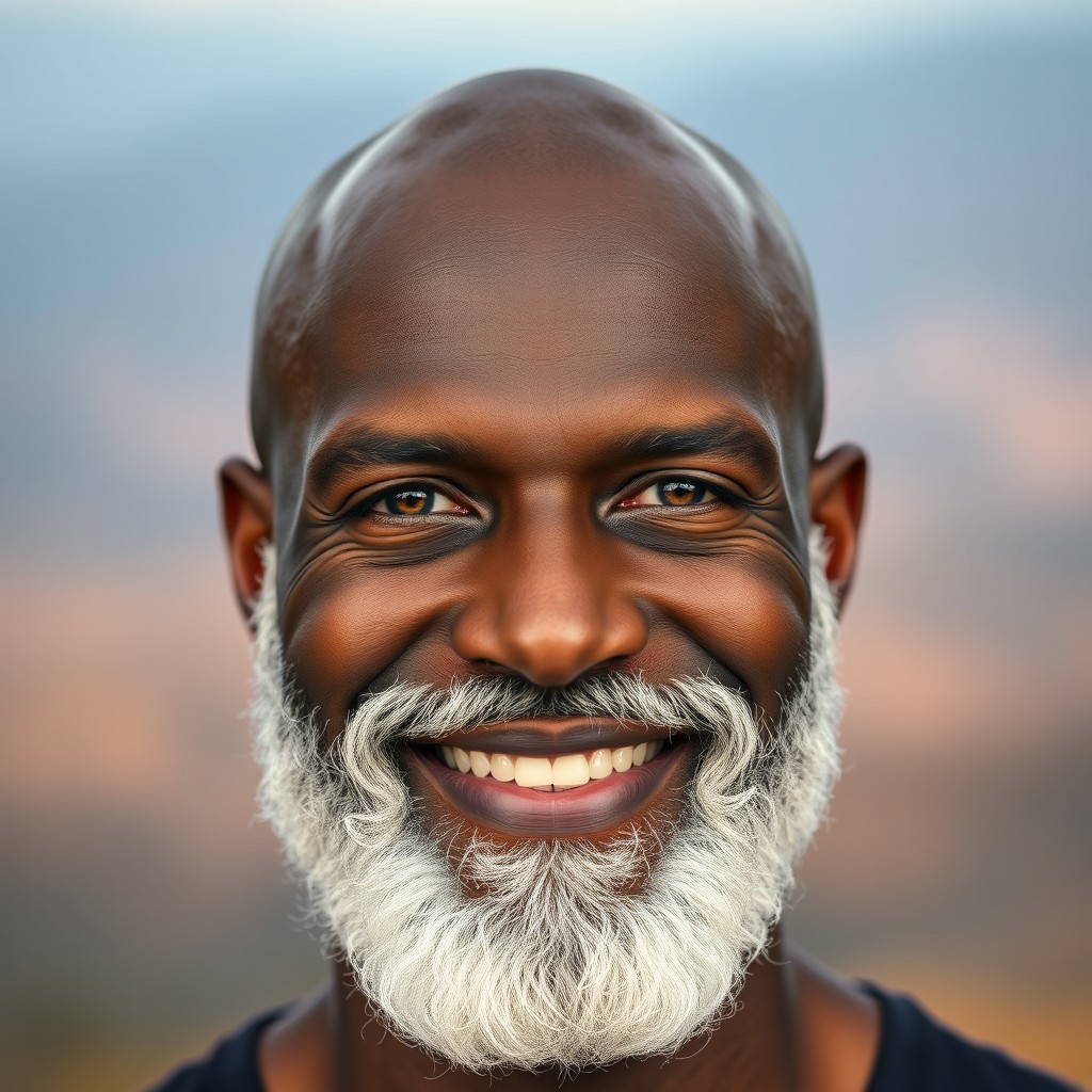 A striking portrait of a black bald-headed man with a well-groomed white beard