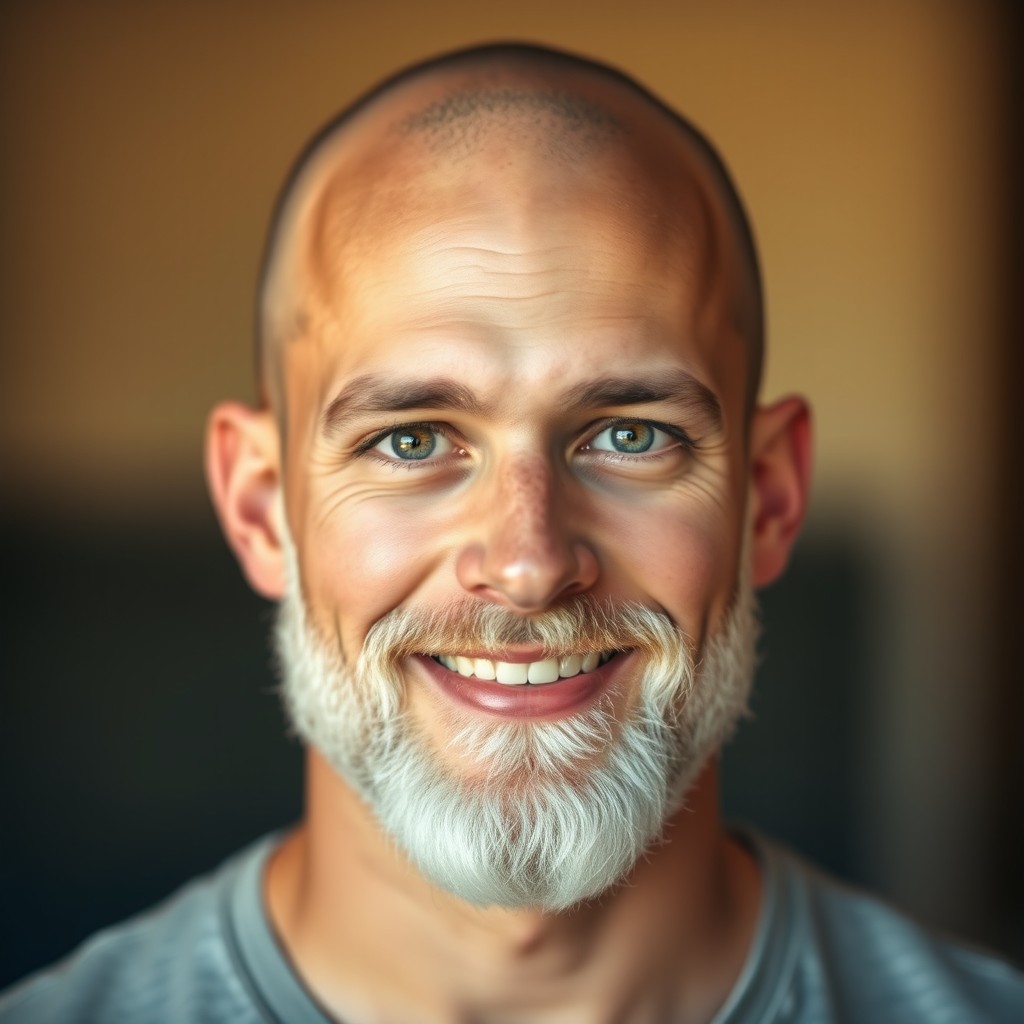 A captivating portrait of a young man with a bald head and a distinct white beard