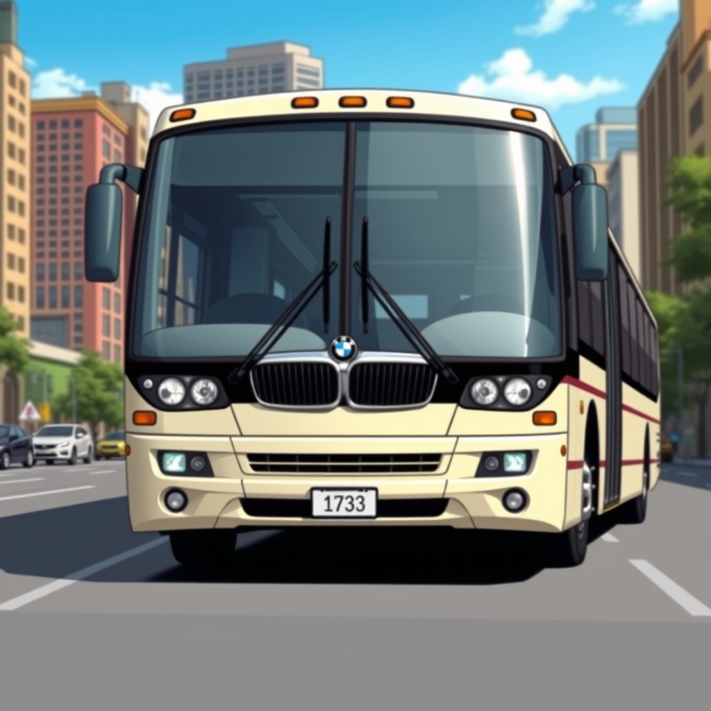 A detailed illustration of a passenger bus modified with distinctive BMW E39 features