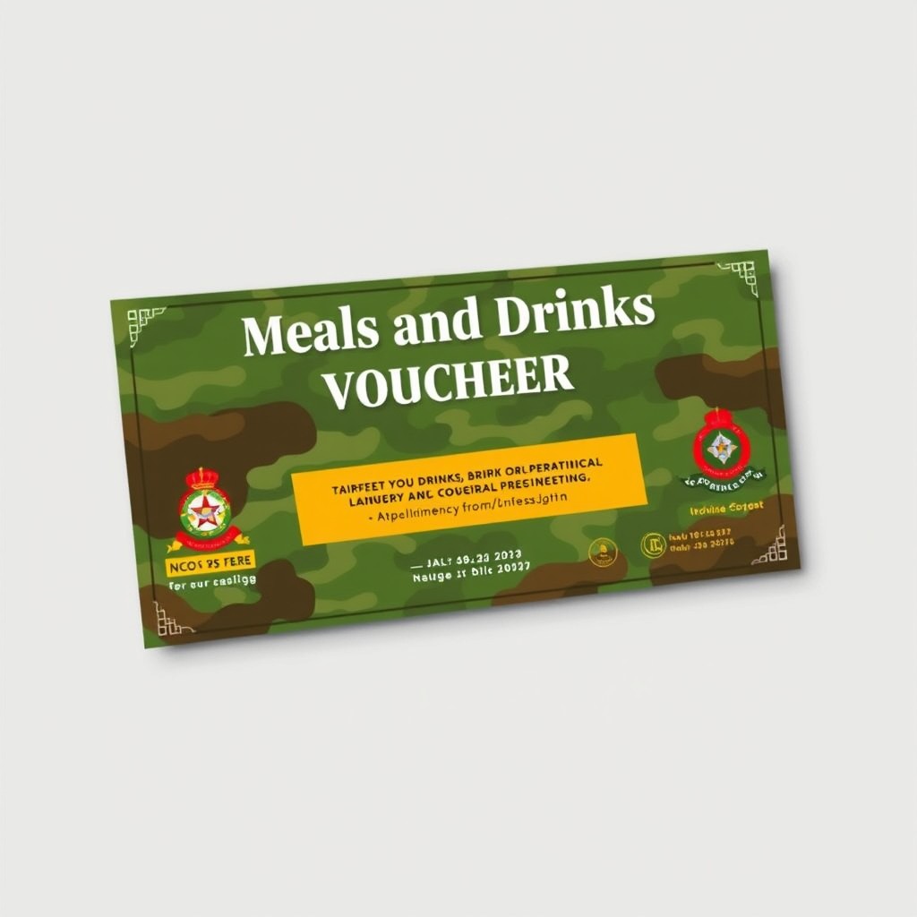 A vibrant graphic design for a meals and drinks voucher tailored for an NCO's AGM (Non-Commissioned Officers' Annual General Meeting)