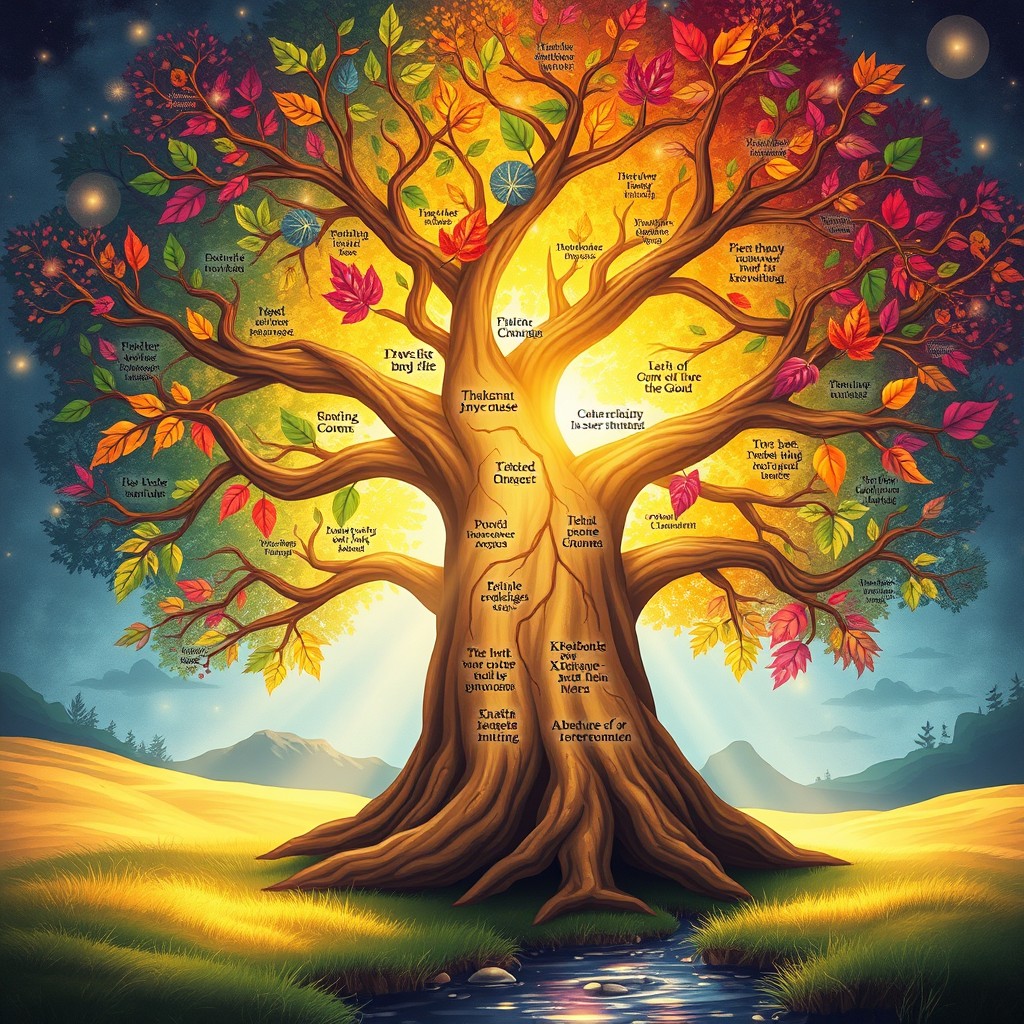 A beautifully detailed illustration of a philosophical self-help concept embodied in a tree of wisdom