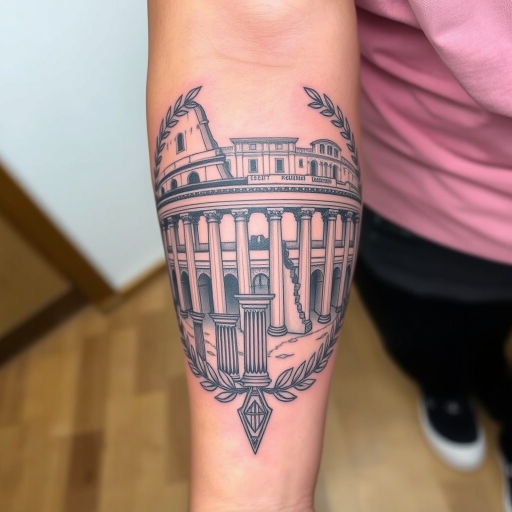 A realistic tattoo design of ancient Roman architecture on a person's arm