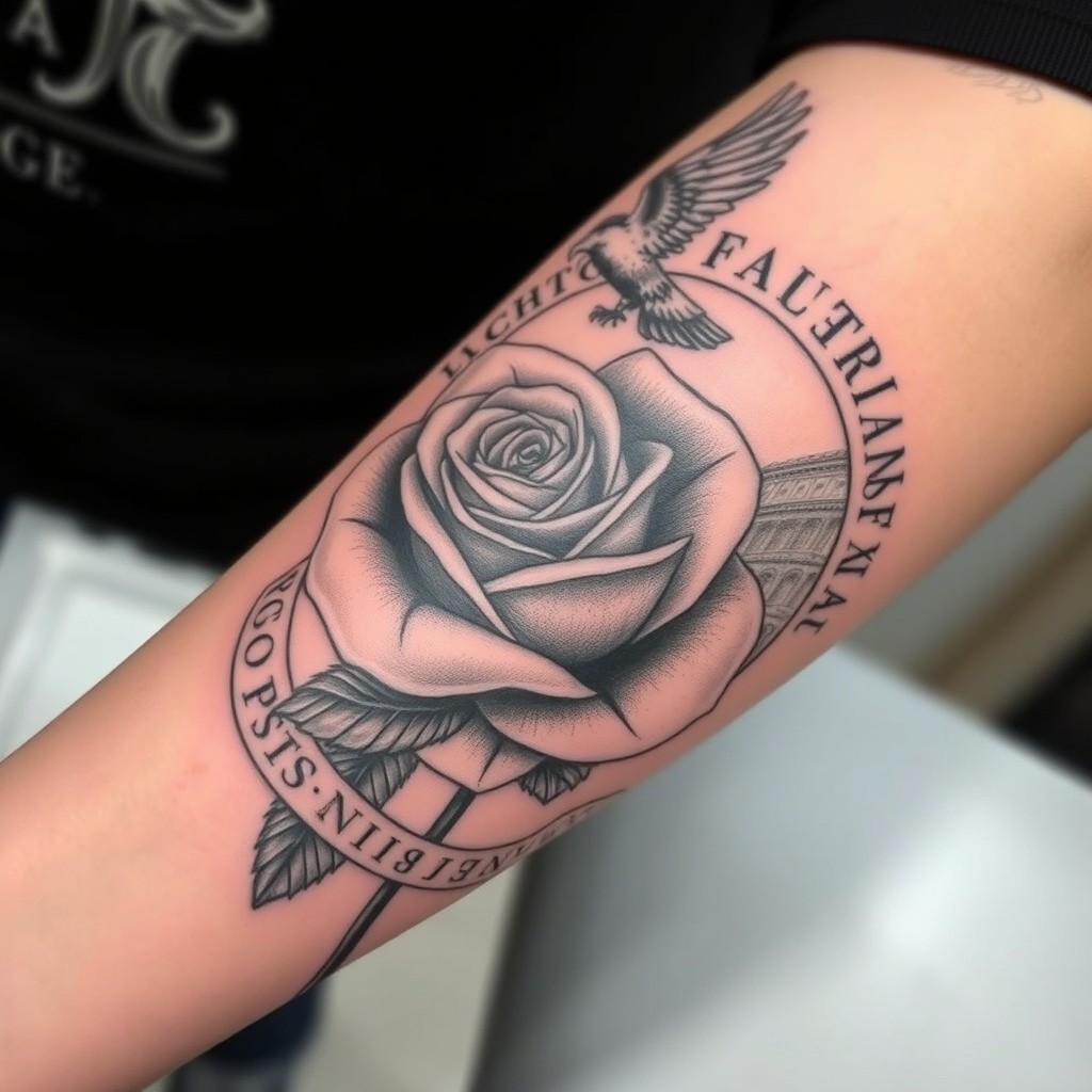 A stunning tattoo design on a person's arm featuring a detailed rose entwined with elements of ancient Rome
