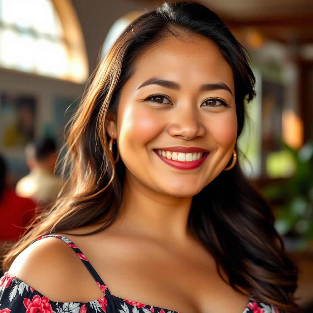 A beautiful adult woman, 40 years old, of Malay-Sundanese descent with a warm smile