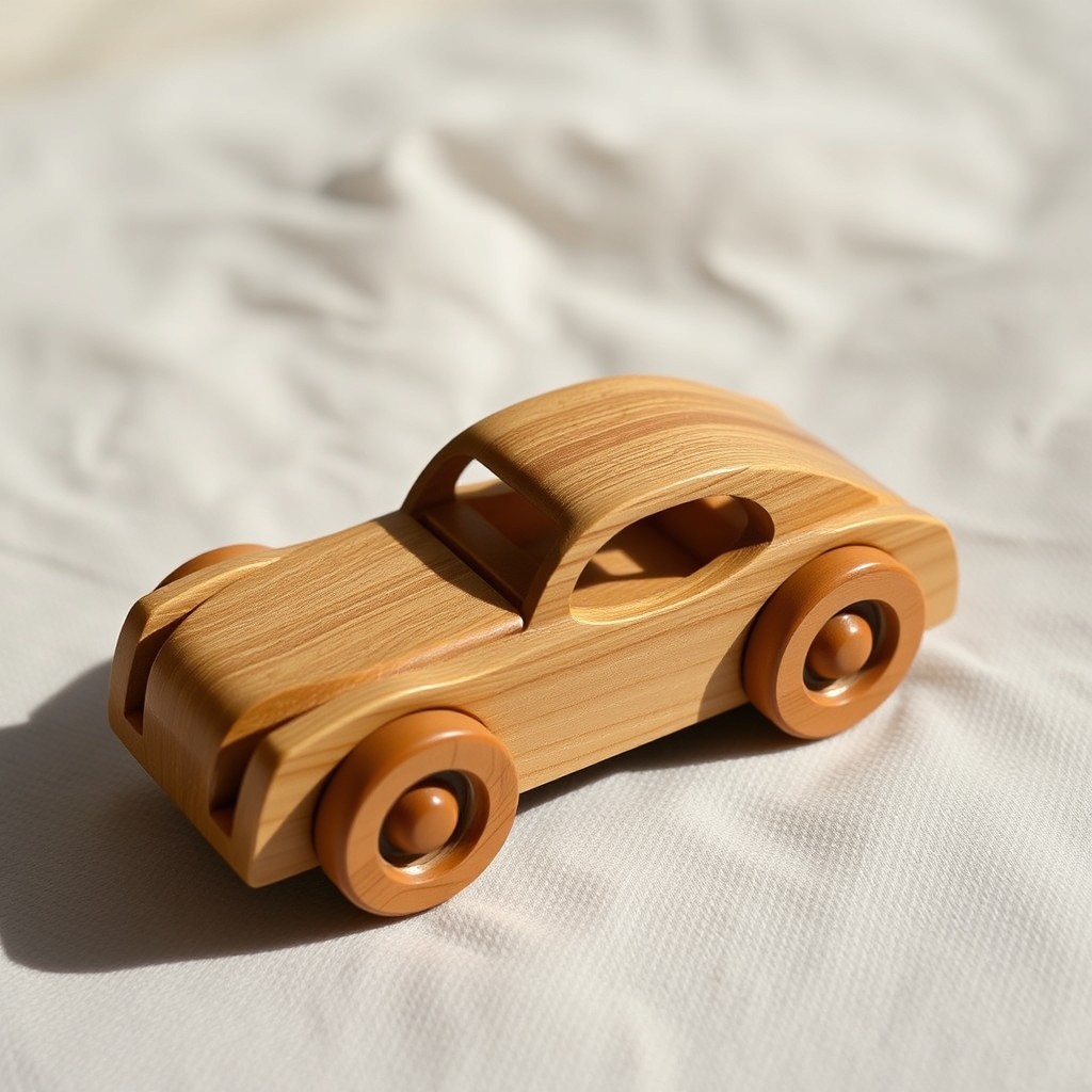 A small wooden toy car, intricately designed with smooth edges and polished finish
