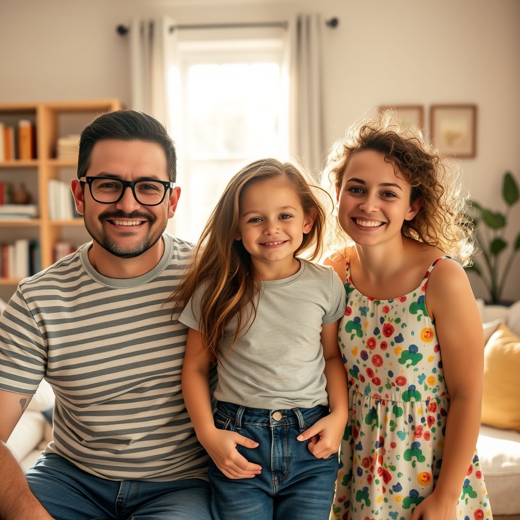 A regular family photo in a warm and cozy home setting, featuring three cheerful family members: a father with short, dark hair and glasses, a mother with long, flowing brown hair, and a child with curly hair