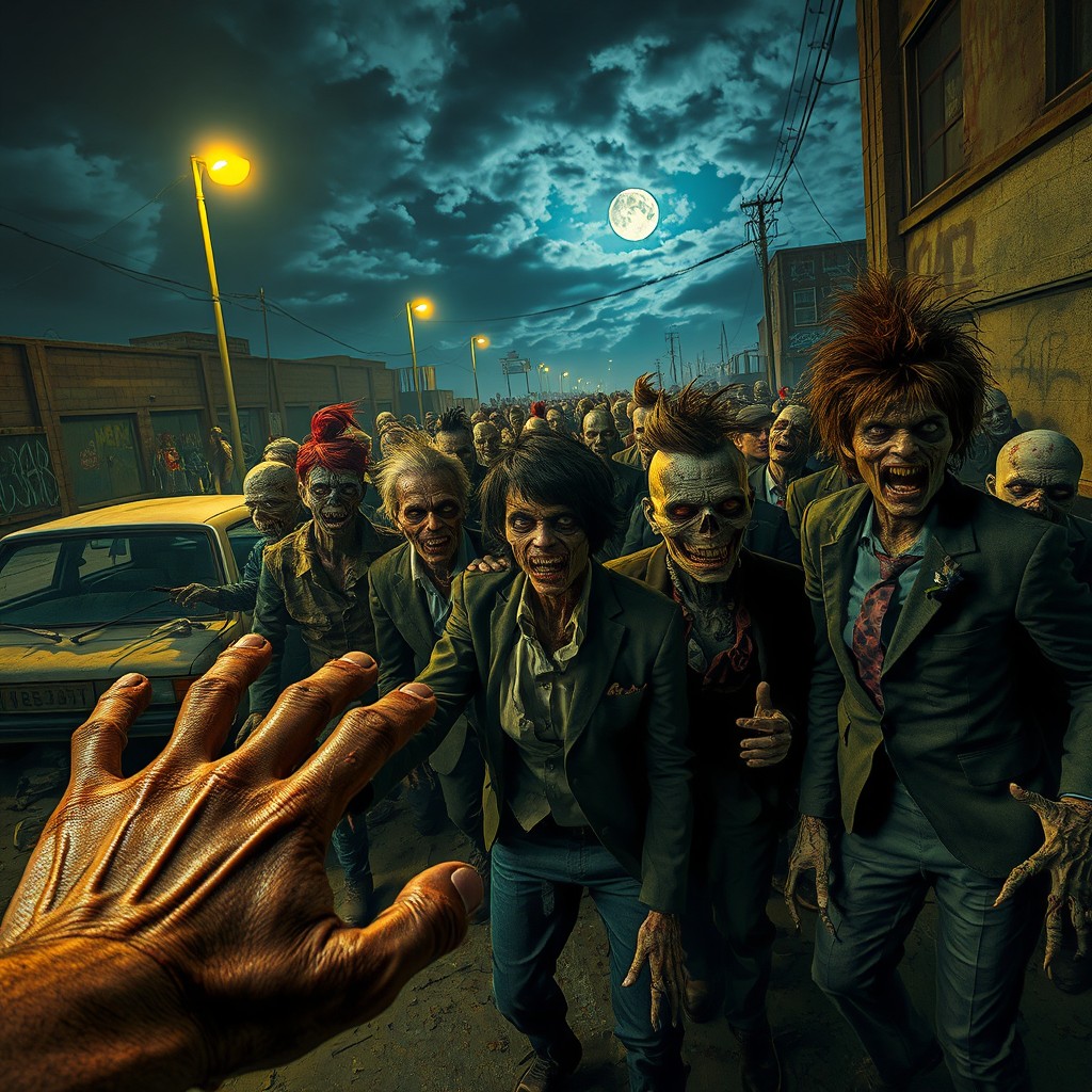 A horde of zombies in an apocalyptic urban setting