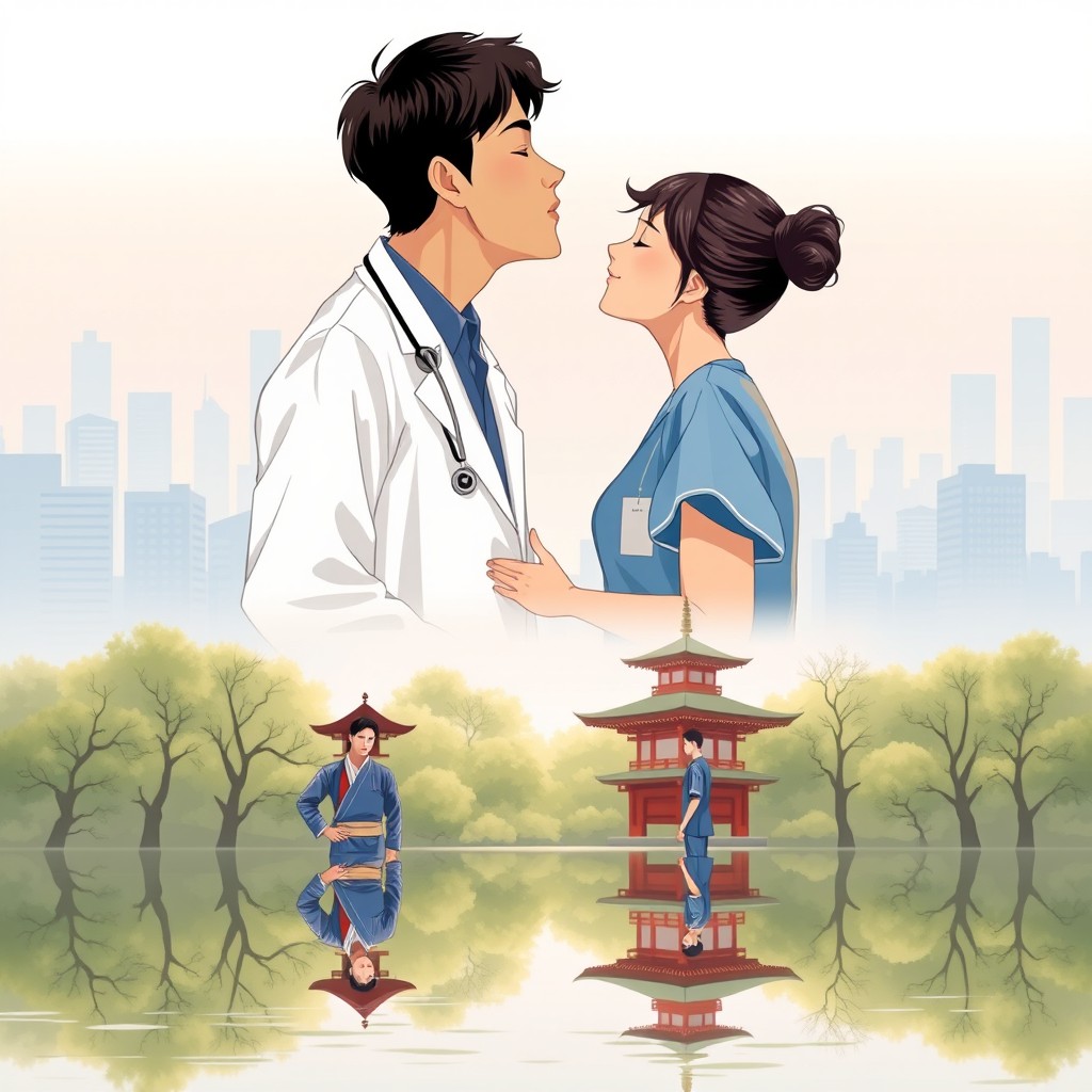 A beautifully illustrated scene depicting two men kissing in a central composition