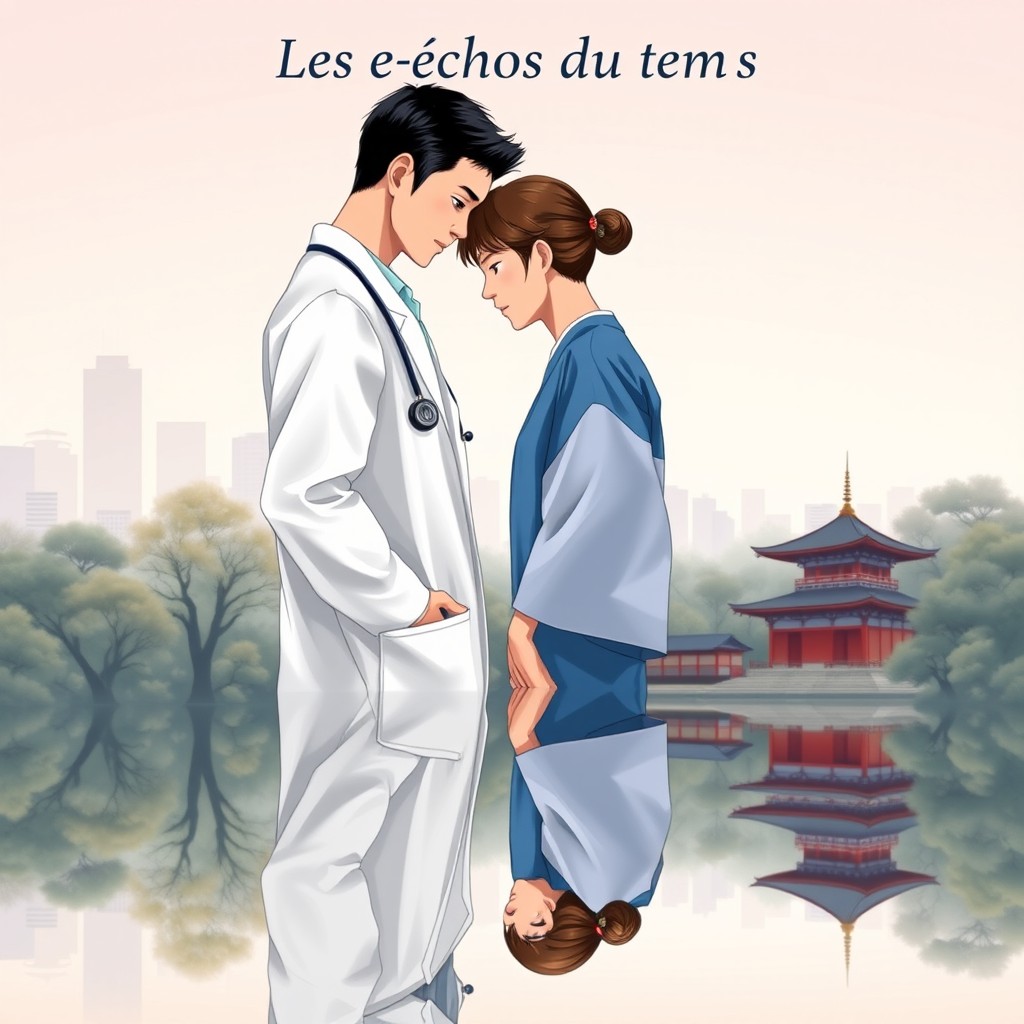 Two men in a central composition, the left man is Japanese, dressed in a modern doctor's outfit complete with a white coat and stethoscope