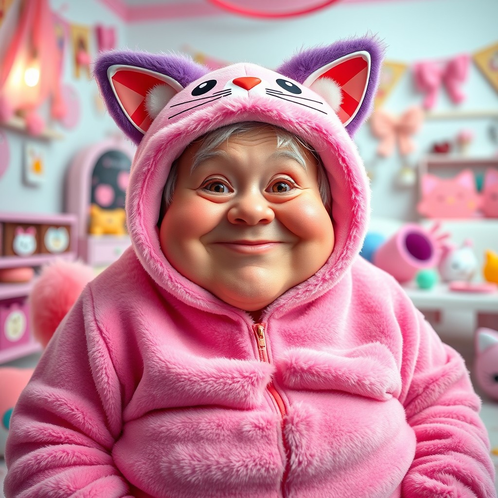 An adorable fat old man dressed in a cute cat costume, featuring oversized ears and a fluffy tail