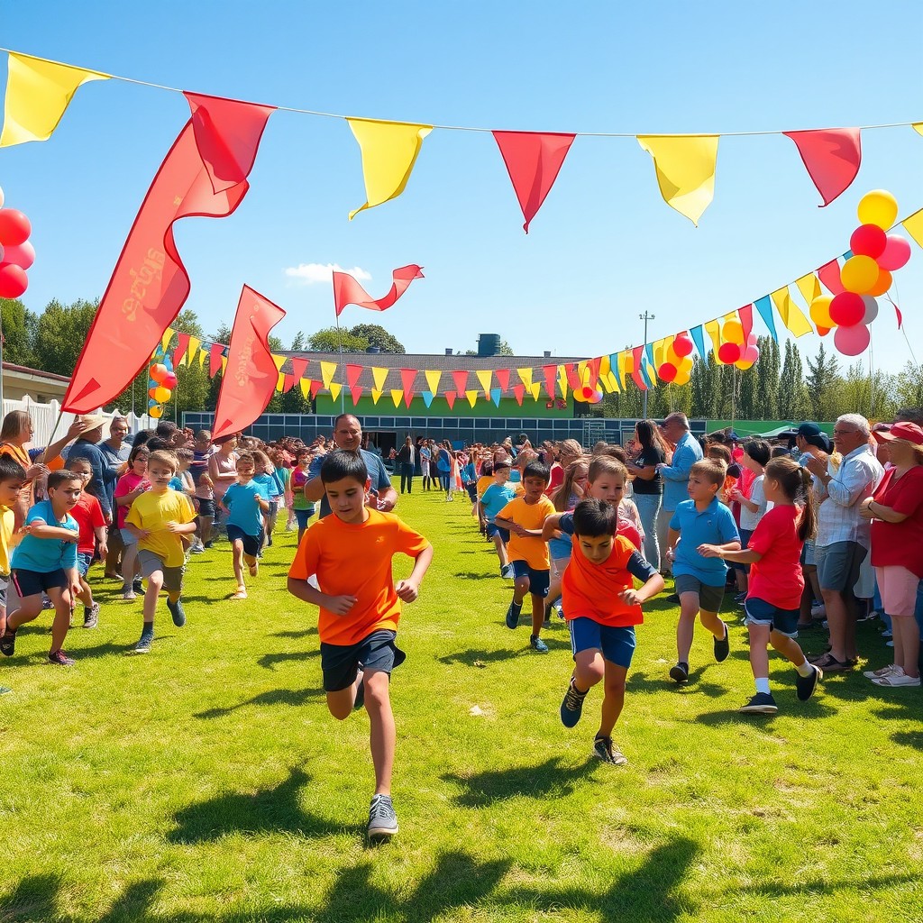 A vibrant and lively scene depicting an annual sports day event at a school, featuring children and teenagers participating in a variety of sports like running races, relay races, and tug-of-war