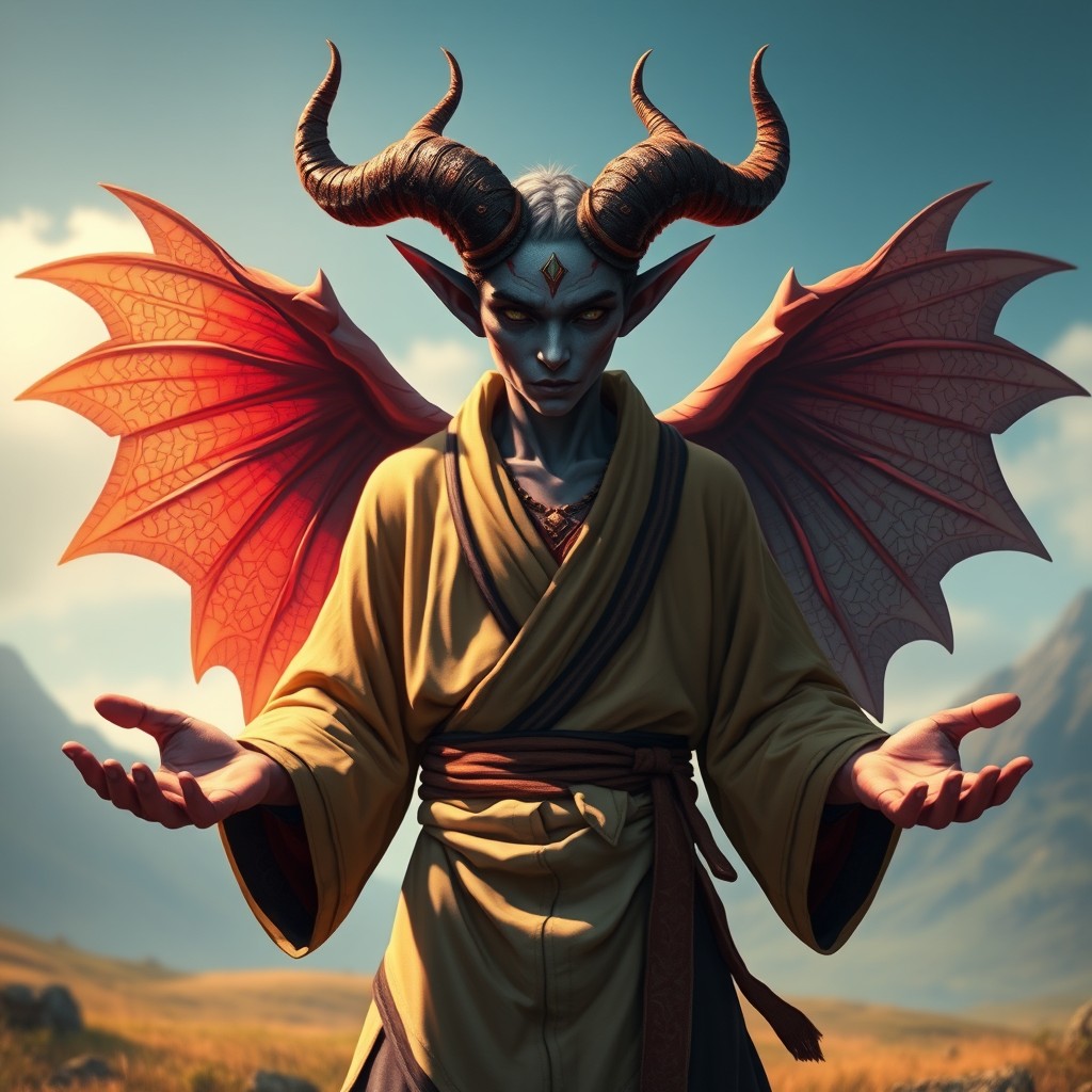 A tiefling monk with open palms, showcasing a unique style and spirit