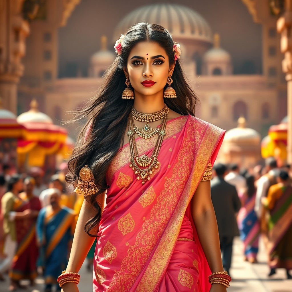 A majestic Indian royal woman walking confidently in a grand palace courtyard