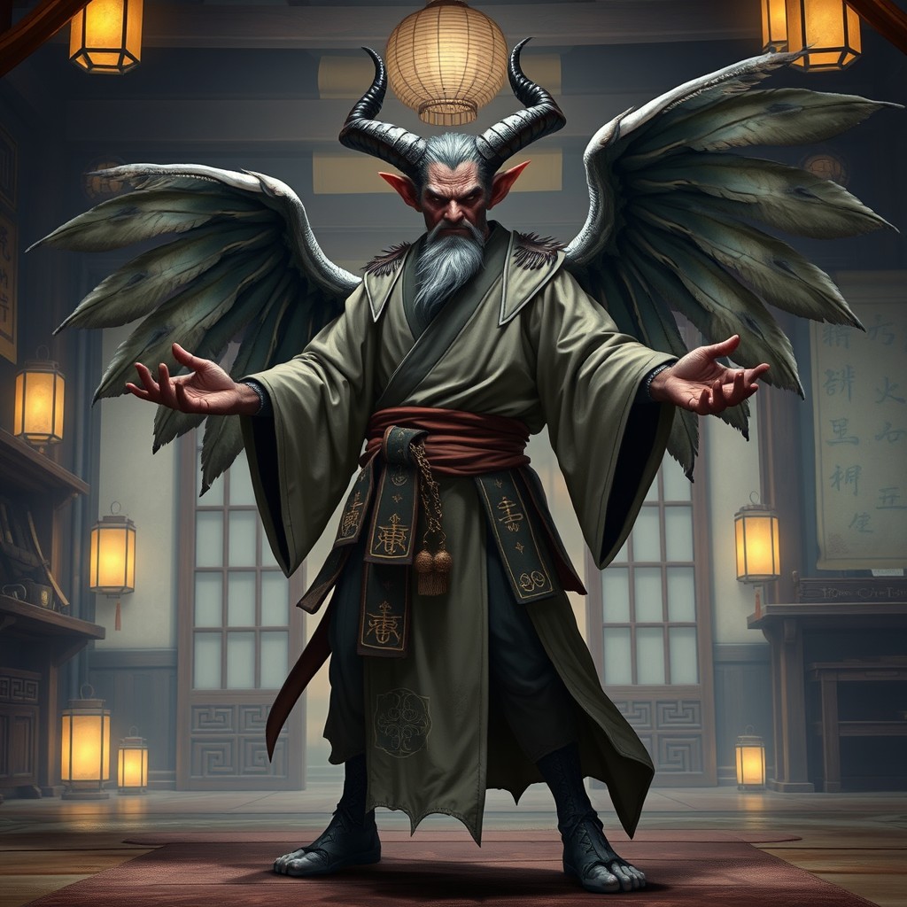 A middle-aged tiefling monk of the Open Hand, featuring prominent horns and large, feathered wings, standing confidently in a serene martial arts pose