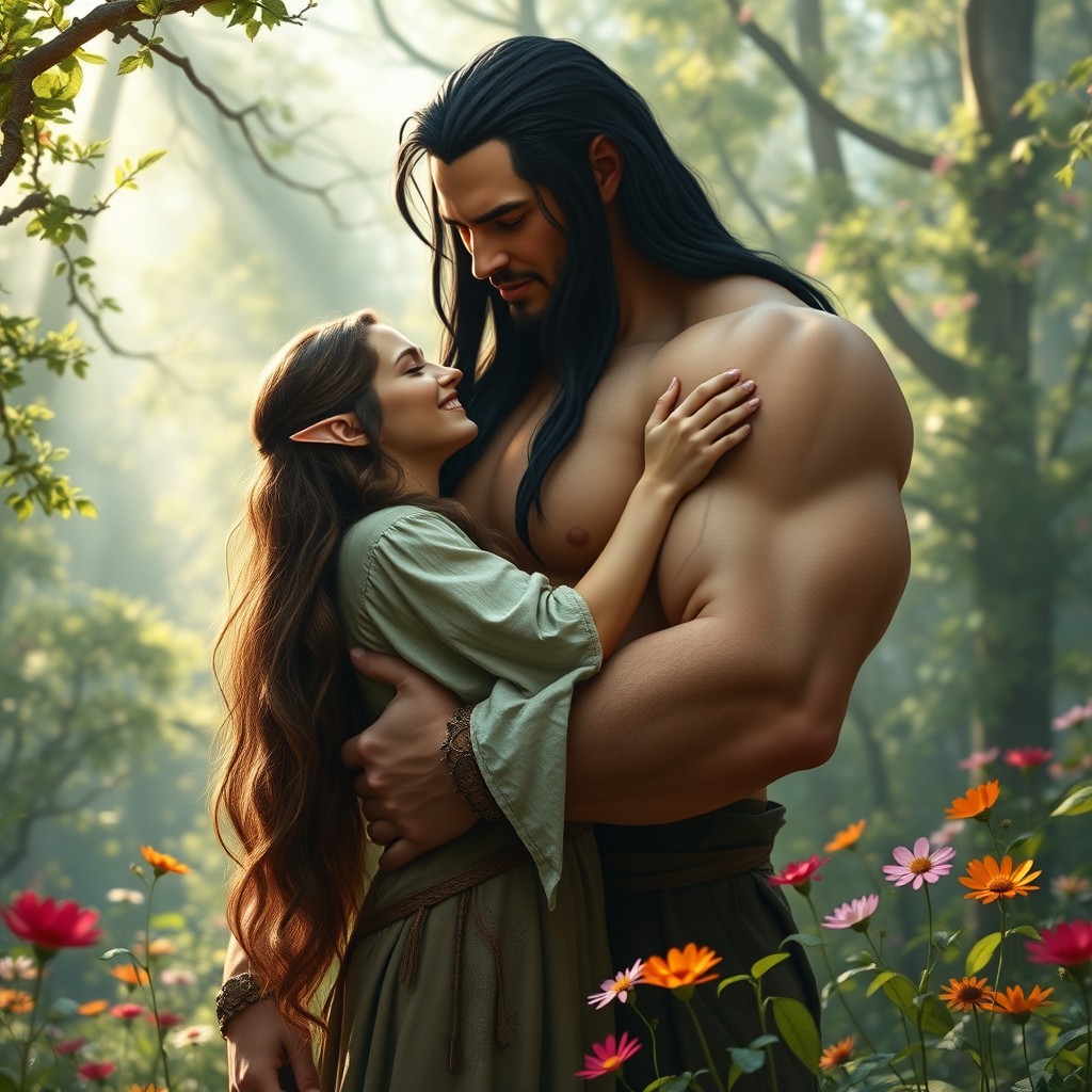 A handsome giant man standing at 11 feet tall, with striking black hair, is gently hugging a 5 foot 3 inch tall elf woman with long flowing brown hair