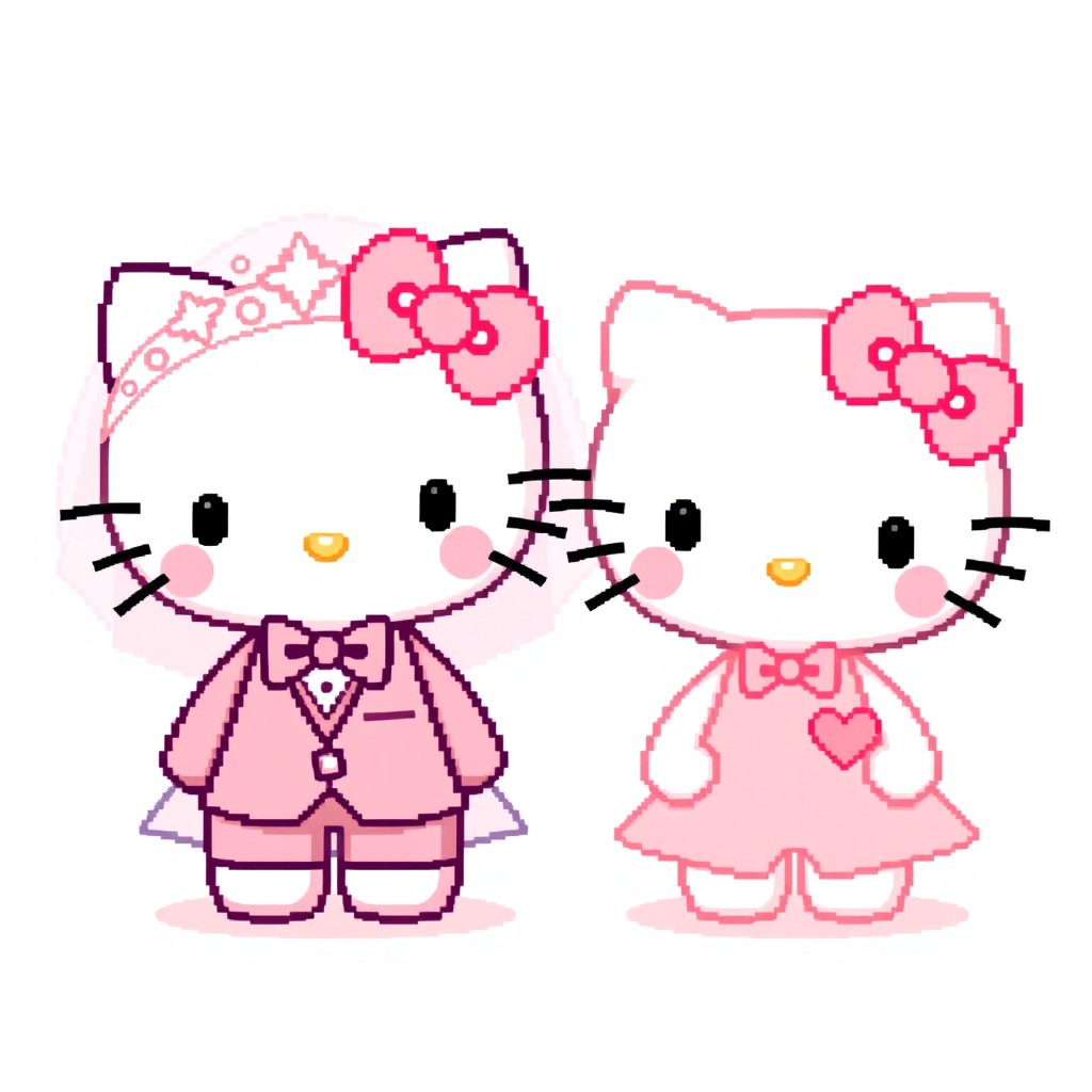 A delightful pixel art image featuring a Bride Hello Kitty and a Groom Hello Kitty, both in charming wedding attire