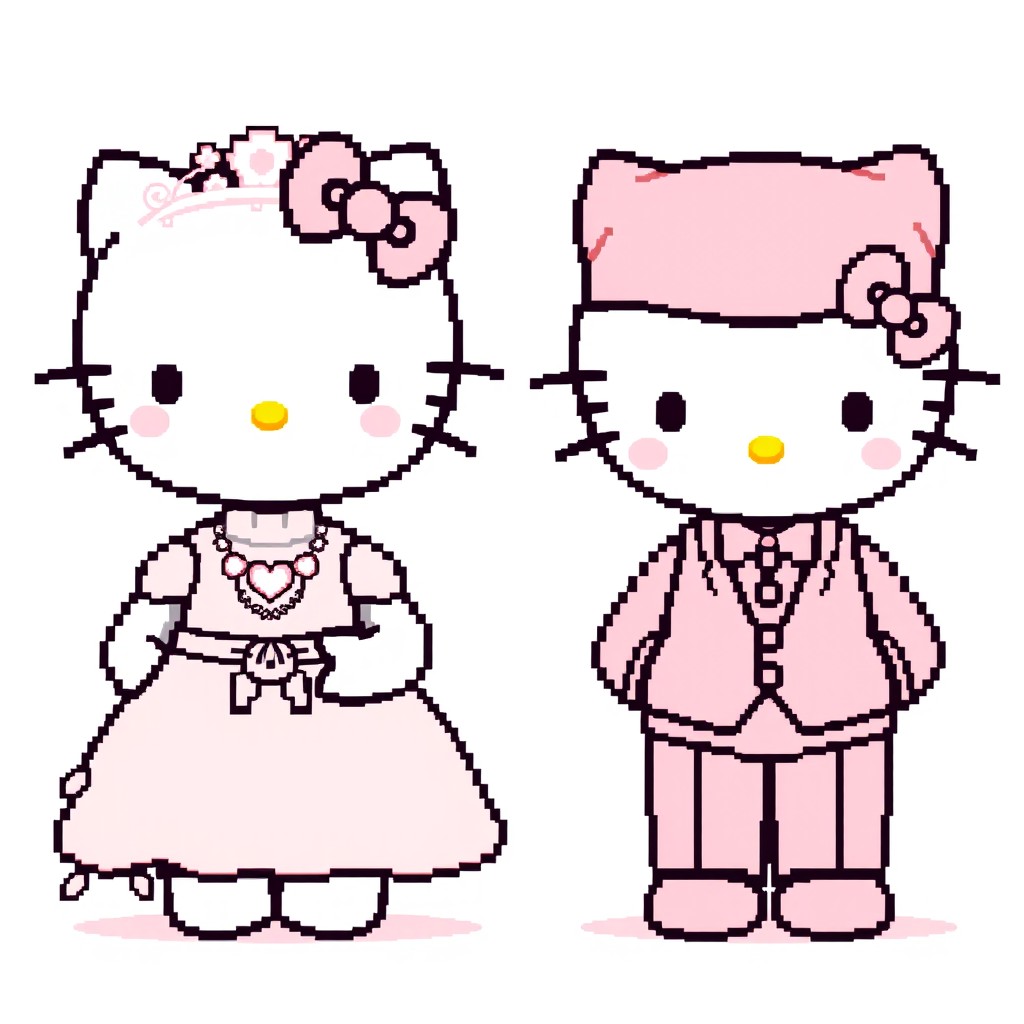 A cute pixel art sprite sheet featuring Bride Hello Kitty and Groom Hello Kitty as characters from a classic RPG video game