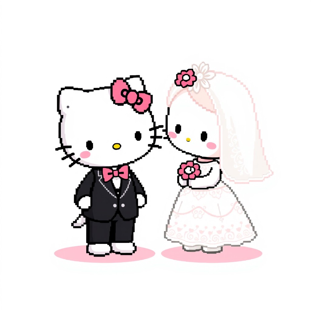 A charming pixel art scene featuring a Bride Hello Kitty in a white wedding dress adorned with intricate details and a long pixelated veil
