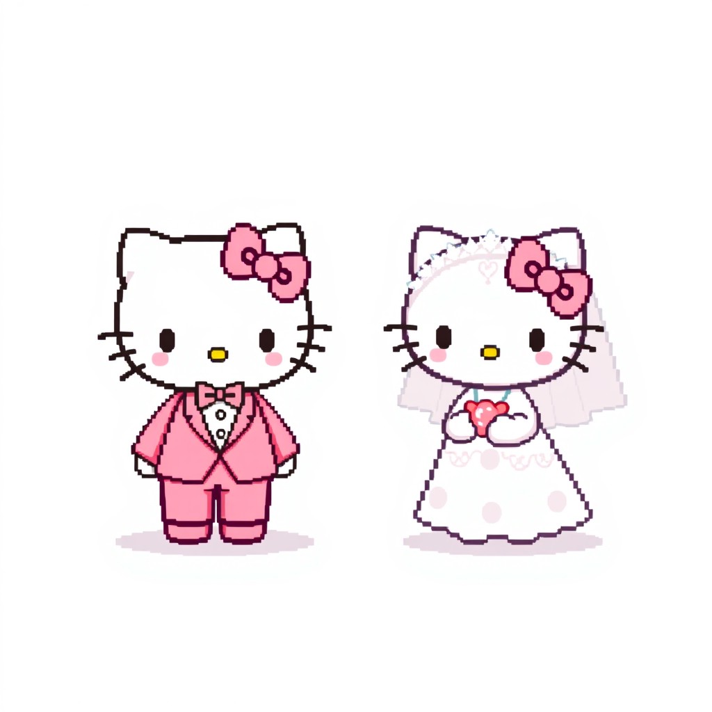 A charming pixel art scene featuring a Bride Hello Kitty in a white wedding dress adorned with intricate details and a long pixelated veil