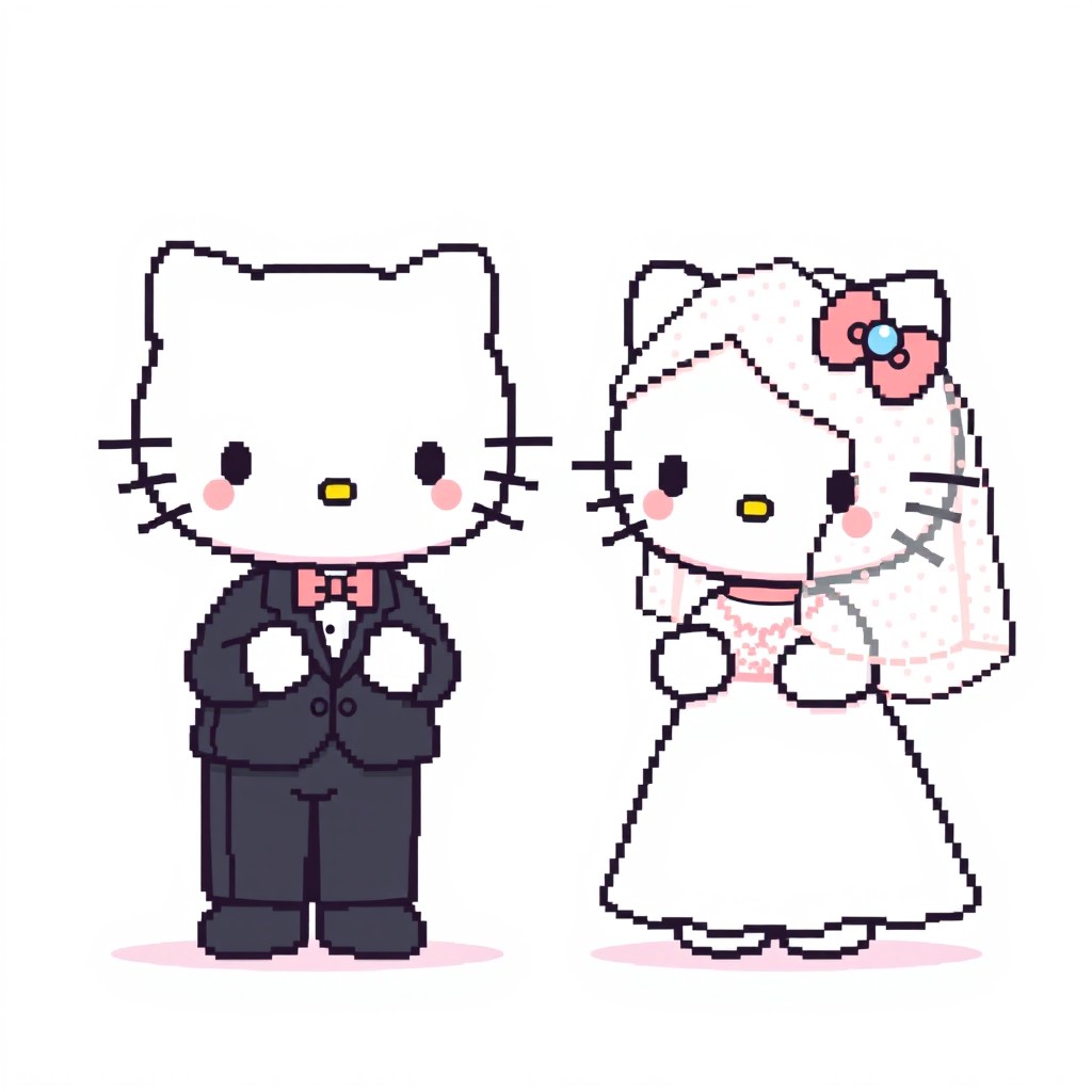 A charming pixel art scene featuring Bride Hello Kitty in a white wedding dress adorned with a long, pixelated veil, and Groom Hello Kitty in a black tuxedo with a pink bow tie