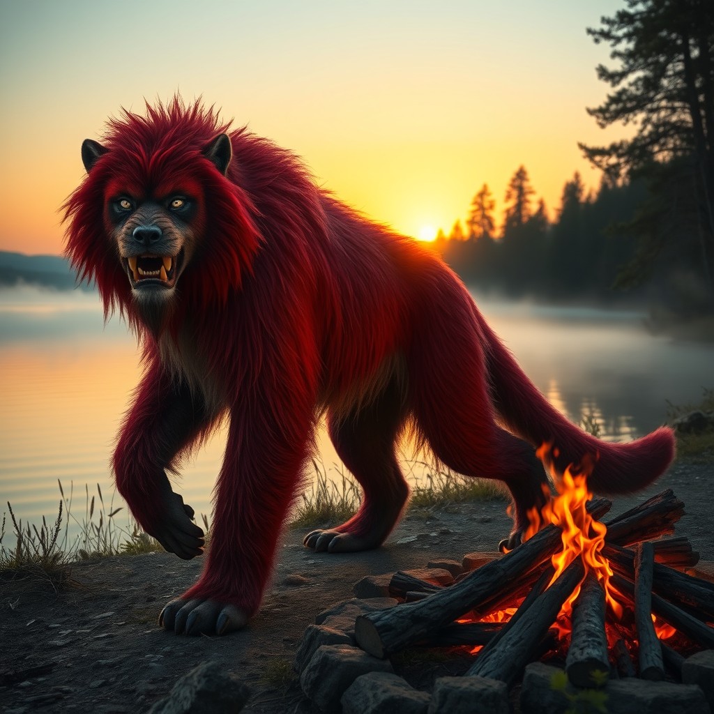 A male druid in his sabertooth wildshape form, with vivid red fur and striking silver eyes, majestically positioned by a serene lakeside