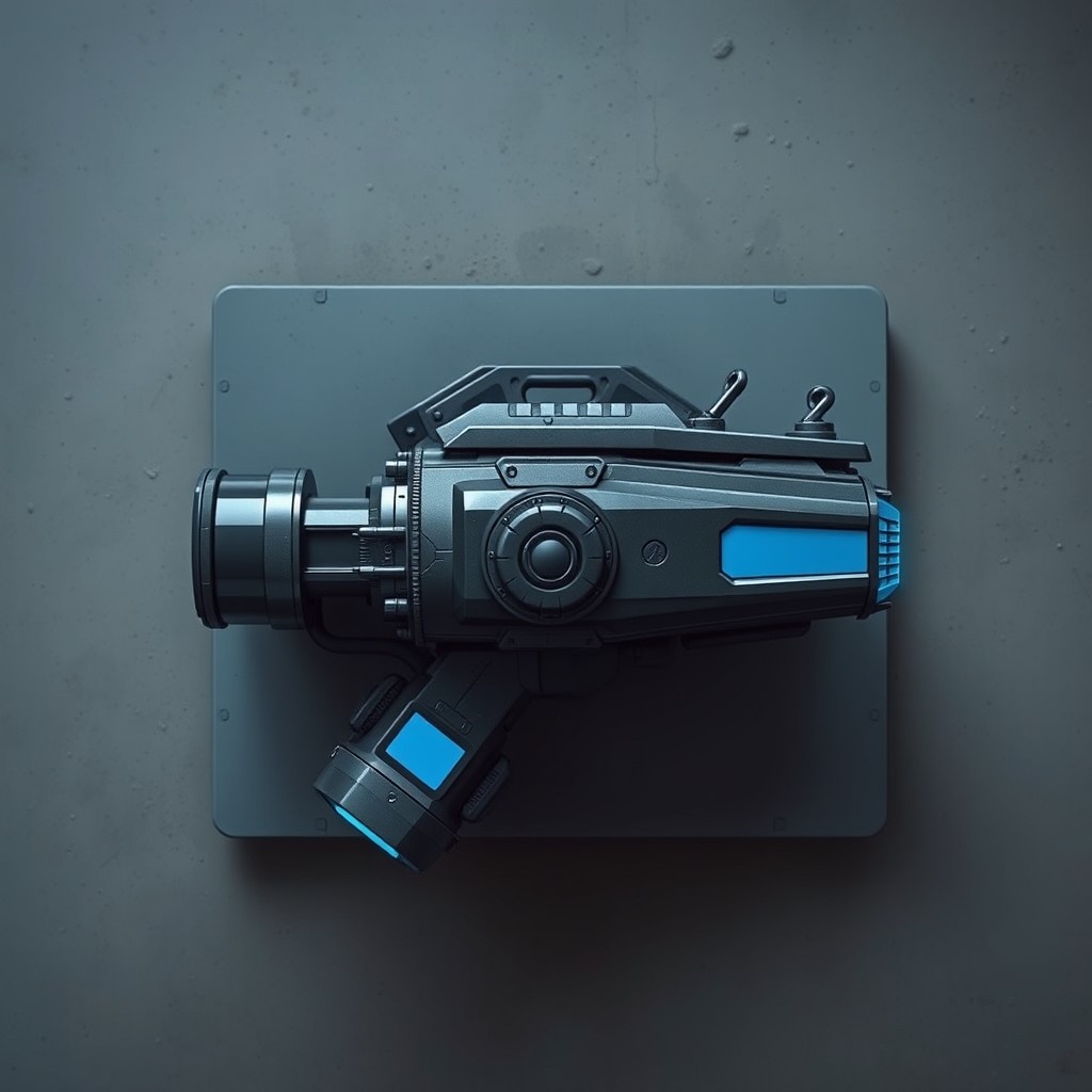 A top-down view of a laser cannon, prominently featuring a dark grey and blue color scheme
