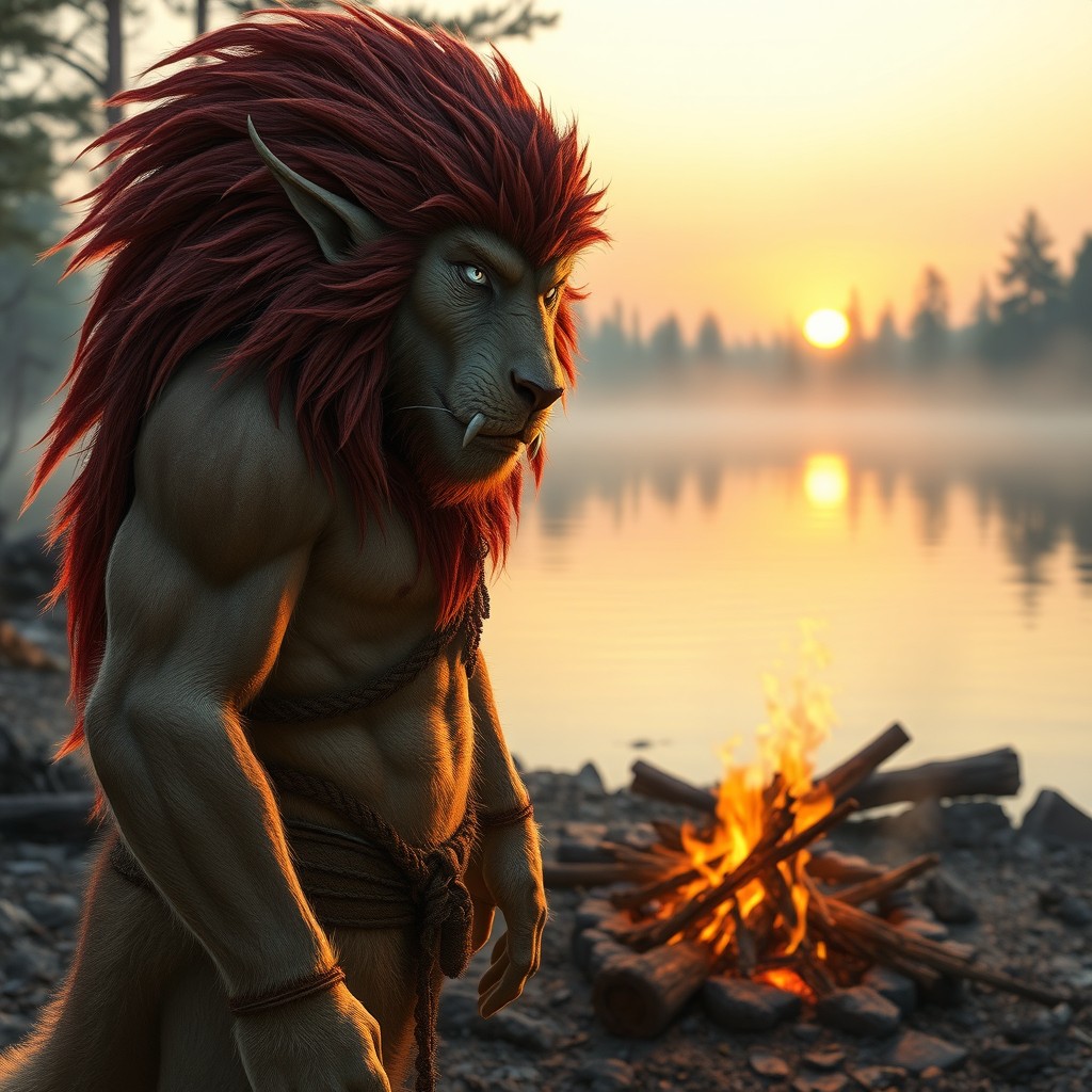A male elf druid in his sabertooth wildshape form, featuring a mane adorned with red fur and striking silver eyes