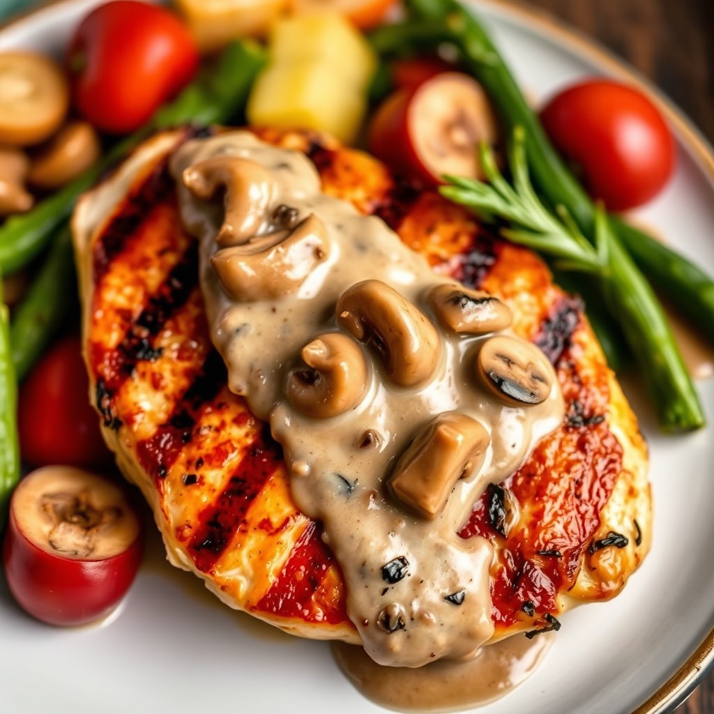 A beautifully plated grilled chicken steak topped with a rich and creamy mushroom sauce