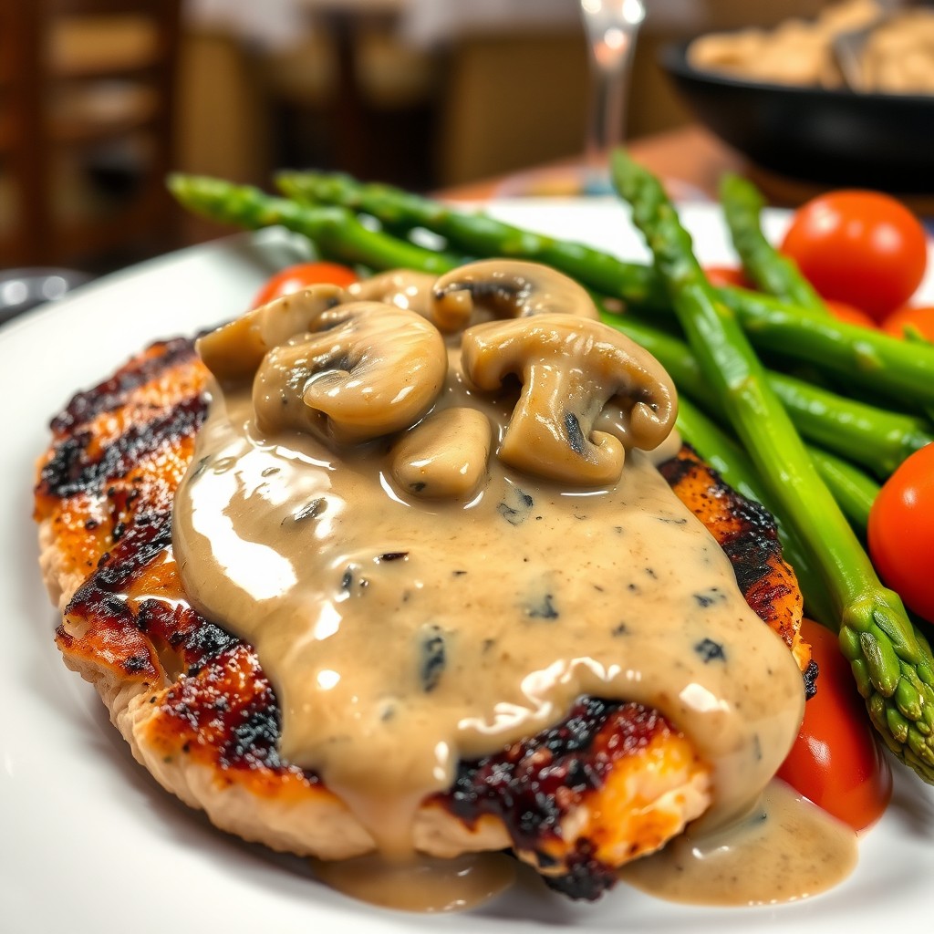 A beautifully plated chicken steak topped with a rich, creamy mushroom sauce, boasting a glossy texture that glimmers under soft lighting