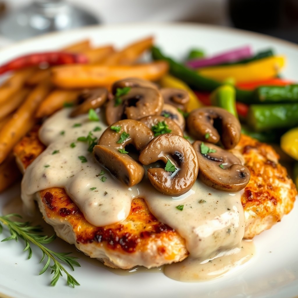 A lightly and evenly browned chicken steak topped with a luscious creamy mushroom sauce, highlighting the perfect cooking technique