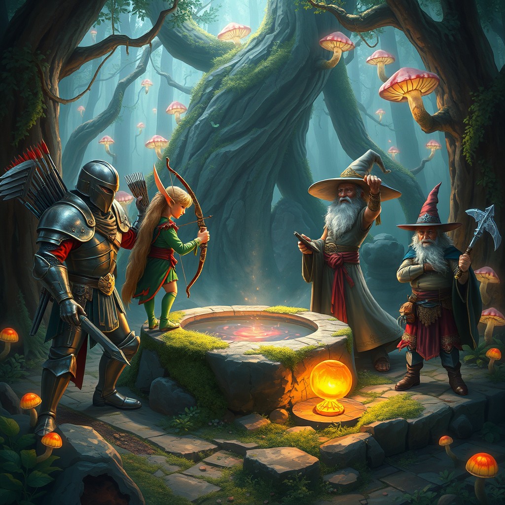 A fantasy scene depicting a group of adventurers in a vibrant Dungeons & Dragons setting