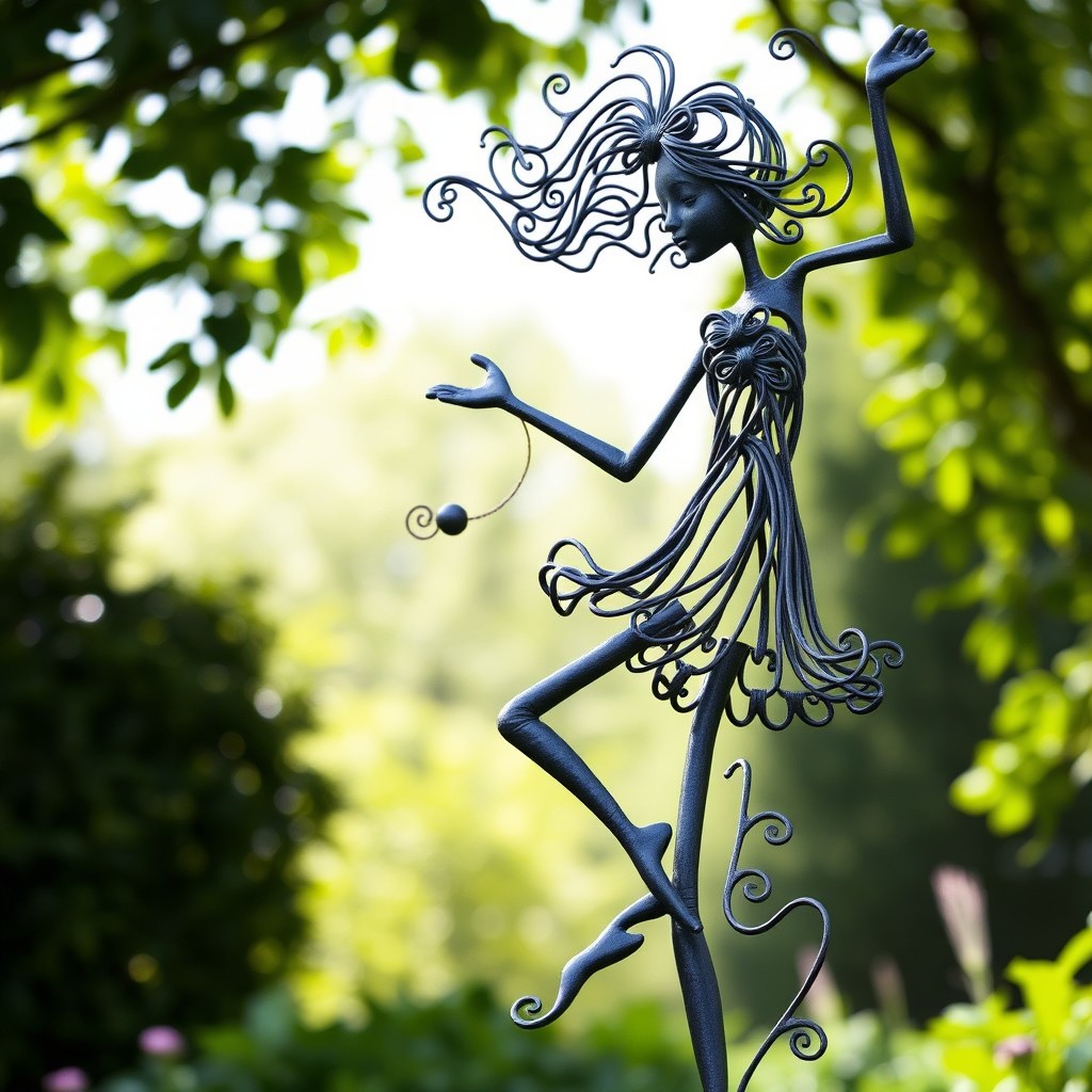 A stunning wrought iron sculpture of a girl, elegantly posed and intricately designed, standing approximately 250 cm tall