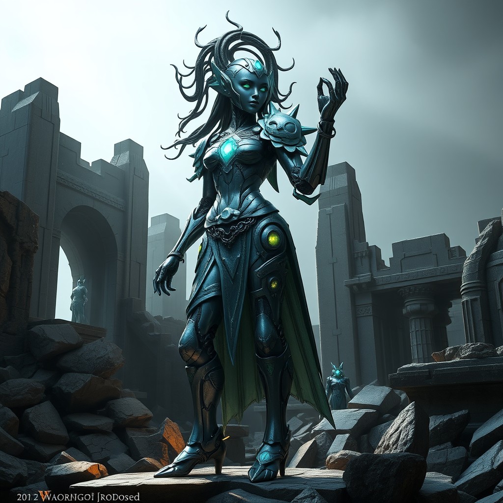 A stunning Warforged girl sculpture, crafted from polished iron, standing approximately 250 cm tall