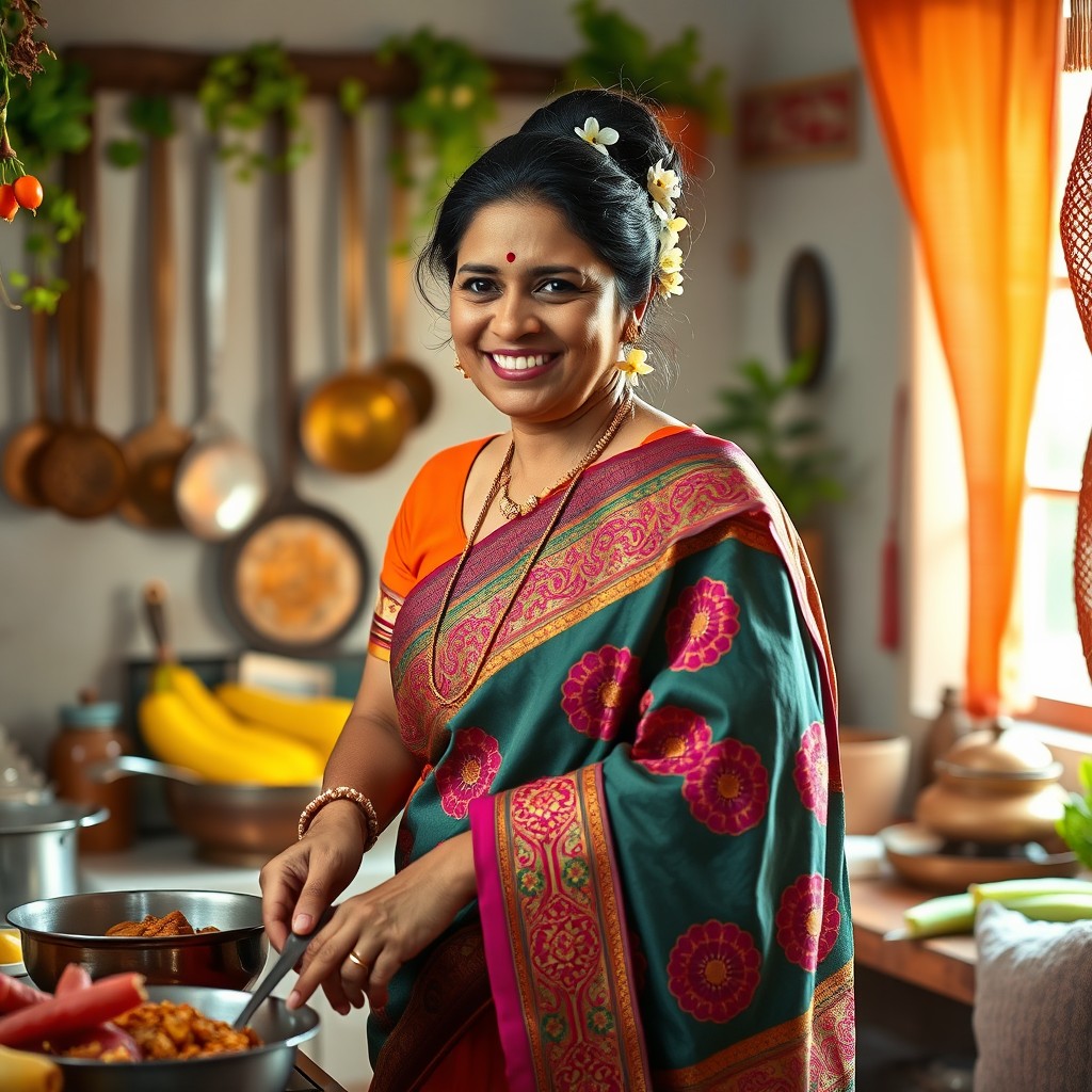 A traditional Indian mom dressed in a colorful saree, with intricate patterns and vibrant hues, standing in a warmly lit kitchen