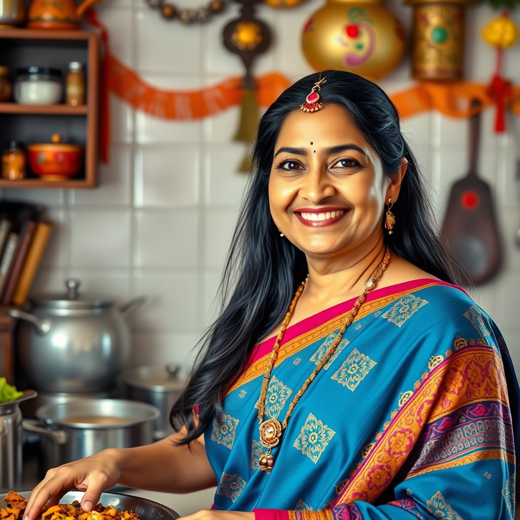 A portrait of a traditional Indian mom in a vibrant saree, adorned with intricate patterns and rich colors
