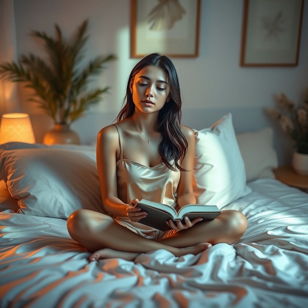A serene and intimate scene depicting a young woman in a contemplative pose, surrounded by soft, ambient lighting that casts gentle shadows