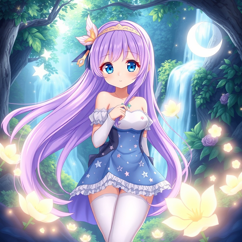 An anime-style female character with long flowing pastel purple hair and bright blue eyes, wearing an enchanting celestial-themed outfit with stars and moons