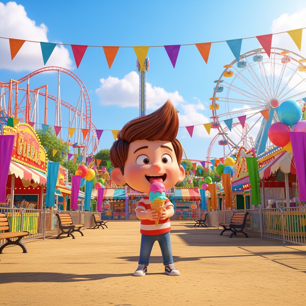 A cute 3D cartoon child happily eating ice cream at a fair in a sunny amusement park