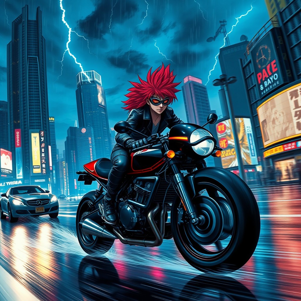 A dynamic scene inspired by the iconic anime 'Akira', featuring a futuristic neo-Tokyo cityscape at night, illuminated by neon lights and bustling with energy