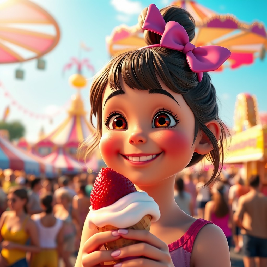 A vibrant cinematic 3D animated portrait of a cute little girl smiling as she eats strawberry ice cream in a cone, captured in close-up
