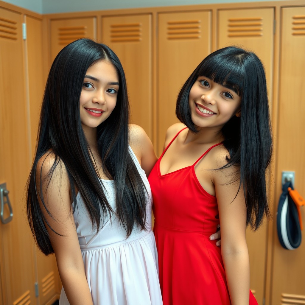 Two attractive twin girls, both age 18, of Caucasian Italian descent with sleek black hair styled in long bobs