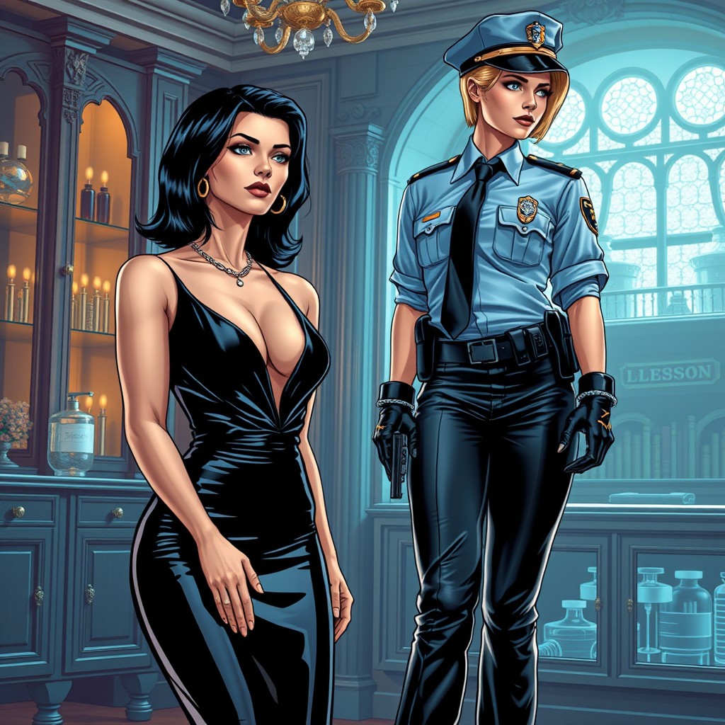 In a romance comic book art style, a luxurious mansion lab setting features a jet-black-haired wealthy woman with an alluring hourglass figure, dressed in a shiny black V-neck dress that glistens under the warm lights