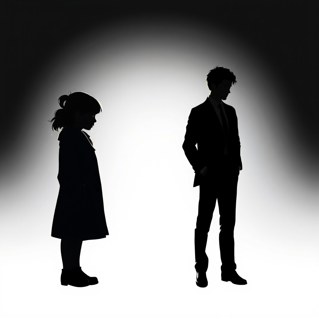 A silhouette of a girl appears in front, slightly profile, with an expression of guilt and nostalgia